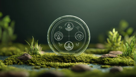 A close-up view depicts a central circular element with various icons representing natural components. The surrounding area features moss and small plants in a soft focus setting. Earth tones and a smooth gradient backdrop create depth, suitable for environmental concepts. Suitable for various editorial and commercial applications related to nature.の素材