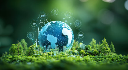 An artistic representation features the Earth surrounded by miniature trees and digital icons. The image showcases a globe with vibrant blue oceans, set against a blurred green backdrop. The scene may represent themes of environmental conservation and global sustainability, possibly for commercial or editorial applications.の素材