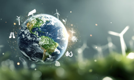 An artistic depiction presents Earth amidst a backdrop of blurred wind turbines and glowing light. The composition features diverse icons symbolizing green energy. The artwork employs digital enhancement techniques. This visual could be used in projects about sustainability, environmental awareness, or technological advancements.の素材