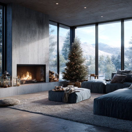 A modern living space features a lit fireplace and a decorated Christmas tree near large windows. The interior showcases a minimalist style with neutral colors, inviting textures, and soft lighting. This inviting scene can be used for various commercial purposes, particularly for holiday-themed or interior design projects.の素材
