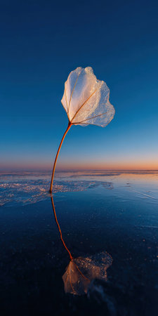 A translucent flower gracefully rises from the water, mirroring the clear blue and orange sky. The image showcases a natural composition, emphasizing textures and tones. The serene environment could be used for various projects, including advertising or editorial content, highlighting the beauty of nature.の素材