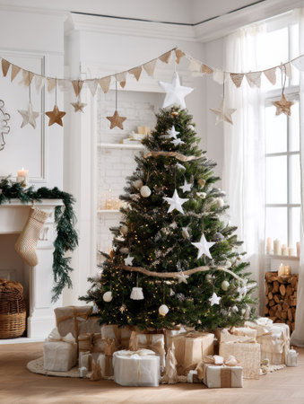 A festive Christmas tree stands prominently in a well-lit interior. The tree is adorned with ornaments and white star decorations. Surrounded by wrapped gifts, the scene is bright, with sunlight streaming through a window. Suitable for holiday-themed advertising and editorial content.の素材
