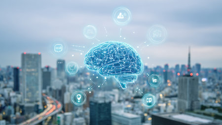 A digitally rendered illustration features a glowing blue brain at the center, surrounded by interconnected icons. The image showcases a cityscape, suggesting a technological or futuristic context. The artwork uses a modern style, with cool tones and a soft focus, suitable for various commercial and editorial applications.の素材
