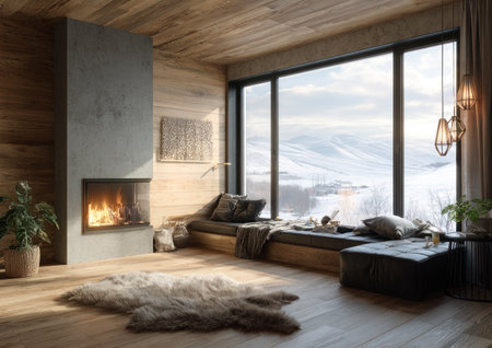 This interior photograph depicts a comfortable living area with a fireplace and large window. Warm wooden tones dominate the space, contrasted by the cool light of the outdoors. The composition features soft textures, suggesting a relaxing environment. Suitable for various applications, this image could be used to illustrate interior design or peaceful scenes.の素材