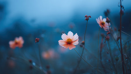 Close-up of cosmos flowers in full bloom. The image showcases soft-focus petals in shades of pink and orange, contrasted against a hazy blue backdrop. The composition suggests an outdoor setting, potentially a garden or field, with diffused lighting. Suitable for various editorial and commercial applications.の素材