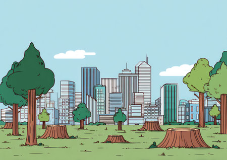 An illustrated scene depicts deforestation and urban development. The foreground showcases cut tree stumps scattered across a green field. In the background, a cityscape with numerous skyscrapers rises against a light blue sky. This artwork, with its clean lines and pastel colors, could be utilized in commercial projects or editorial content.の素材