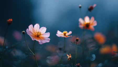 The image showcases delicate wildflowers with light pink and orange petals, set against a dark, blurred background. The composition highlights the flowers in selective focus, creating a sense of depth. Soft lighting enhances the romantic and natural aesthetic. Suitable for various creative projects and visual content.の素材