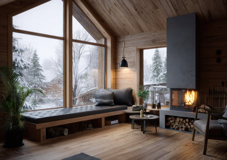 An inviting cabin interior showcases a snowy outdoor scene visible through expansive windows. The room features a fireplace, a seating area with cushions, and wooden paneling. Natural light and warm tones create a comfortable atmosphere. Suitable for use in design projects or editorial content focused on relaxation and home decor.の素材