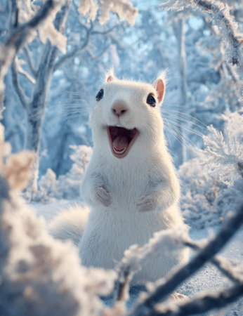 A white squirrel is captured in a winter landscape, its open mouth suggesting happiness. The image displays soft textures, muted tones, and a shallow depth of field, with the squirrel centered amid snow-covered branches. This visual could be used for various commercial projects related to nature or seasonal themes.の素材