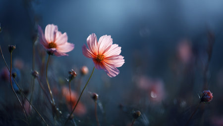 Two cosmos flowers are presented in soft focus, their petals showcasing delicate pink hues. The image features a blurred background of deep blue tones, suggesting a natural outdoor setting illuminated by gentle sunlight. Ideal for various creative projects and visual content, the composition highlights beauty and elegance.の素材