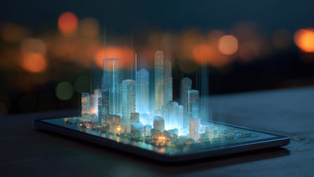A miniature digital city model projects from a smartphone screen, illuminated by vibrant blue and yellow hues. The futuristic design features glowing lines and geometric structures. A blurred background suggests a nighttime setting with city lights. Ideal for illustrating technological innovation and data concepts in various media.の素材
