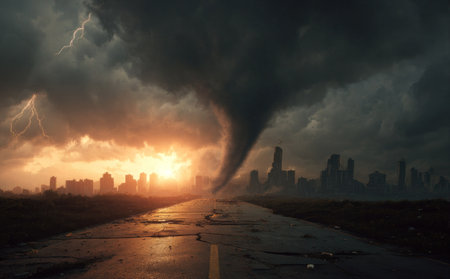 A powerful tornado descends on a city landscape under a turbulent sky illuminated by a sunset. The image displays a dramatic contrast of light and shadow, highlighting the cyclone's formation. This visually striking scene could be used for various projects needing a dramatic and impactful visual.の素材