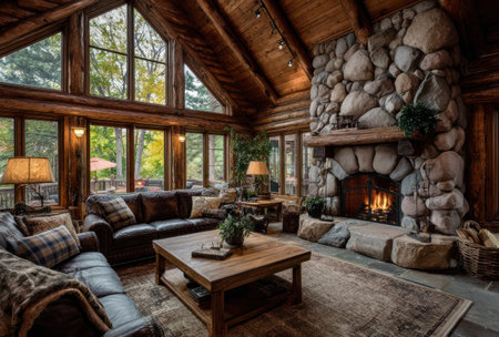 This living room features a stone fireplace, wooden beams, and large windows providing natural light. The space includes leather sofas and a wooden coffee table, suggesting a comfortable and inviting atmosphere. Ideal for commercial applications, the image could represent a home decor or real estate concept.の素材