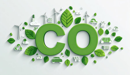 An illustration depicts the letters "CO" formed by green elements. Various visual elements of nature and ecology surround the letters. The composition features a white background with a modern, clean aesthetic. The image is suitable for various commercial applications, including environmental awareness campaigns.の素材