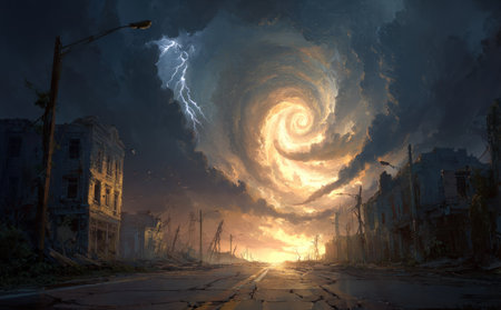 An intense visual depicts a powerful tornado dominating a devastated urban environment. The artwork showcases a spiraling vortex against a stormy, dark sky, with lightning illuminating the scene. The composition is highly detailed, suggesting digital art, and offers potential use for disaster themes, environmental concerns, or editorial content.の素材