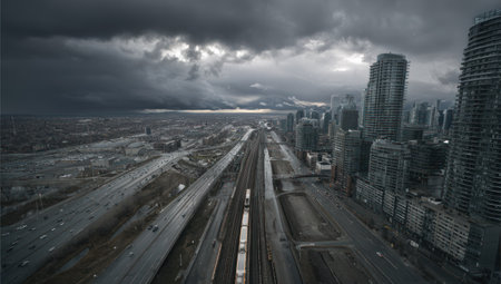 An aerial perspective shows a modern city under a brooding sky. The composition features elevated roadways, train tracks and skyscrapers, rendered in cool tones. The overcast conditions create a dramatic atmosphere with muted lighting and a sense of vastness. Suitable for illustrating infrastructure, urban development, or environmental themes.の素材