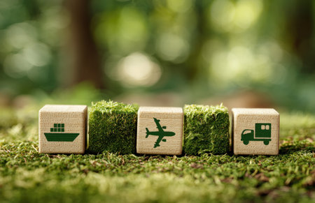 Five wooden blocks feature transportation symbols: ship, covered with moss, airplane, moss, and truck. The blocks are arranged on a bed of green moss against a blurred green backdrop. The image conveys themes of sustainability, environment, and eco-friendly logistics, with potential use in commercial projects.の素材