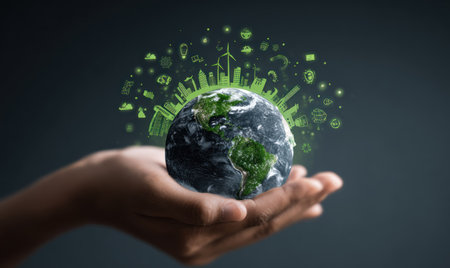 A hand cradles a miniature Earth, surrounded by green-hued depictions of sustainable energy, infrastructure and environmental elements. The image uses a composite technique, mixing photographic elements with conceptual illustrations. It showcases the planet in a dark setting, illuminated by the bright green eco-friendly symbols, suitable for environmental and technological themes.の素材
