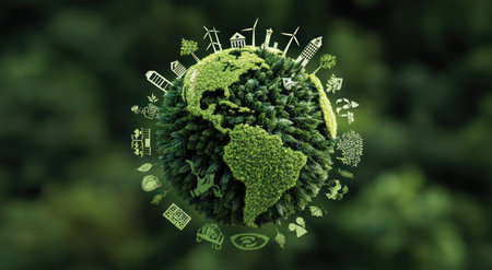An artistic representation of Earth, rendered as a globe covered in vibrant green foliage and highlighted by stylized buildings and wind turbines. The composition uses a soft, blurred background, enhancing the focus on the central sphere. The image evokes an environmental theme and could be used for various projects related to sustainability and nature.の素材