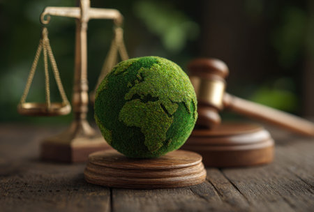 An image showcases a green Earth globe set on a wooden stand next to a justice scale and gavel. The composition features warm lighting, highlighting the textures and details. This setup suggests environmental law, sustainability, or justice, suitable for editorial and commercial applications.の素材