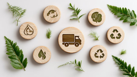 This image showcases various eco-friendly symbols carved on wooden circles. These circles are arranged with green leaves on a white background, creating a natural aesthetic. The composition uses overhead lighting and highlights the textures of the wood and the leaves. It could be suitable for environmental or sustainable-themed projects.の素材