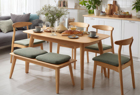 A wooden dining table with chairs and bench is set in a bright, contemporary interior space. The scene showcases a well-lit dining setup with natural-toned wood elements, comfortable seating and a hint of greenery. The composition could be used for lifestyle, design, and home decor content, showcasing modern living concepts.の素材