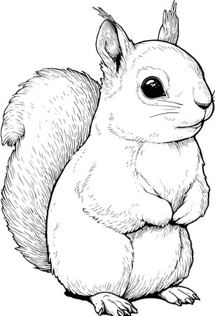 A detailed black and white illustration portrays a squirrel in a side-facing pose. The image presents the animal with a fluffy tail and textured fur, crafted in a line-art style. The lighting appears soft and even, highlighting the fine details. Suitable for commercial projects requiring graphic elements or illustrative assets.の素材