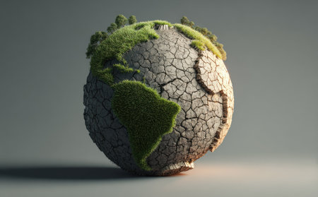 This image features a globe with a cracked surface, indicating drought, and patches of green vegetation. The artwork uses a 3D rendering with a neutral background and soft lighting. Its composition aims to evoke concepts related to environmental issues and conservation. Suitable for various editorial and commercial applications.の素材