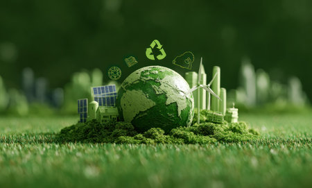 This image depicts a globe surrounded by miniature representations of sustainable energy sources and recycling symbols, set upon a bed of green foliage. The composition features vibrant green hues, soft lighting, and a shallow depth of field. This visual concept is well-suited for illustrating themes of environmentalism and sustainable practices.の素材