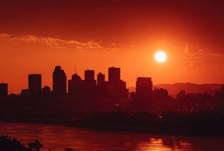 A cityscape silhouette is set against a vibrant orange and red sky, with the sun low on the horizon. The composition features strong contrast and a rich color palette. This image could be used for various commercial projects and editorial content related to urban environments and natural beauty.の素材