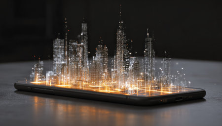 A digital cityscape rises from a smartphone, showcasing a technological concept. The image features glowing lines forming skyscrapers, suggesting a virtual world. The color palette includes black, white, and orange hues. The overall composition creates a futuristic and modern aesthetic. Suitable for technology, innovation, and digital transformation visual needs.の素材