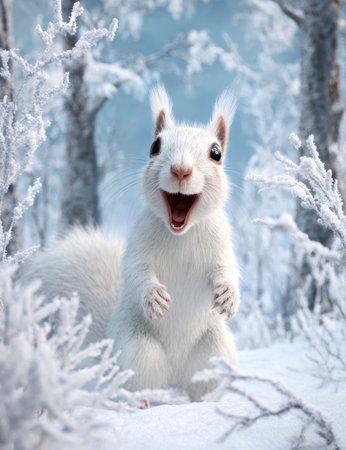 A fluffy white squirrel stands open-mouthed amidst a snow-covered forest. The image shows cold tones of white and light blue, with soft textures of fur and snow. Composition includes blurred background and foreground branches, creating depth. Suitable for various editorial and commercial applications.の素材