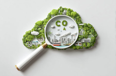 An artistic illustration features a magnifying glass focused on a cityscape within a green cloud shape. The image uses vibrant colors and a clean, overhead composition. It likely represents concepts like sustainability, environment, and carbon emissions. Suitable for diverse commercial and editorial purposes.の素材