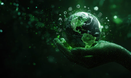 A hand cradles a glowing digital Earth, showcasing environmental concepts. The image presents a green and dark color palette, with an ethereal style and soft lighting. This composition could be used for promoting technology, environmental protection, or global connectivity. Suitable for various commercial and editorial applications.の素材
