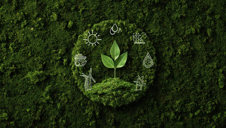 An overhead shot showcases a central leaf surrounded by environmental icons on a bed of green substance. The image features a circular composition with light color linework on a dark background. It is likely applicable for illustrating themes of nature, sustainability, and ecological balance for various promotional materials.の素材