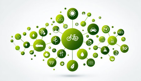 An illustration features a central bicycle icon surrounded by interconnected green circles. Various symbols representing eco-friendly concepts such as sun, water drops, and leaves are present. The composition uses a clean, modern style with a white background. It could be suitable for environmental awareness campaigns and presentations, among other uses.の素材