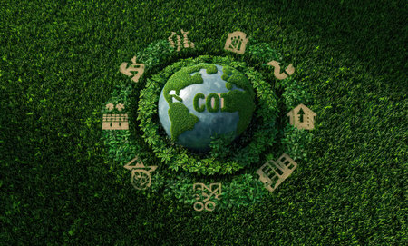 The image features Earth encircled by green elements, emphasizing environmental themes. The composition, set against a background of lush green, uses bright lighting. The visuals suggest concepts like nature, sustainability, and environmental consciousness, suitable for various editorial and commercial applications.の素材