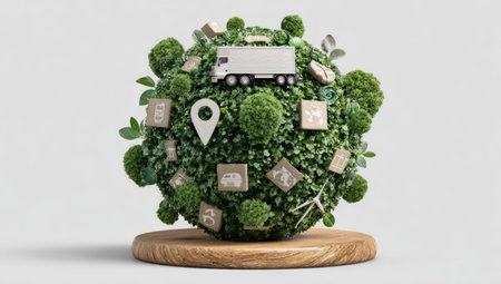 This image depicts a stylized globe covered in lush greenery, featuring a truck, packages, and location markers. The composition uses bright colors and soft lighting, suggesting an eco-conscious approach to logistics. The image's clean design offers potential applications in advertising and editorial content related to sustainable practices and delivery services.の素材