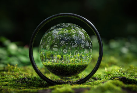 A close-up view displays a globe with various icons encased within a circular frame, set amidst a vibrant green mossy environment. The design features a conceptual representation of ecology and sustainability. The composition presents intricate details, vibrant colors, and soft lighting, implying a connection between nature and technology, suitable for eco-related themes.の素材