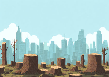 An illustration depicts a deforestation scene. Brown tree stumps dominate the foreground, set against a distant cityscape under a blue sky. The graphic style employs flat colors and simple shapes. The image suggests an environmental theme appropriate for various commercial and editorial applications.の素材