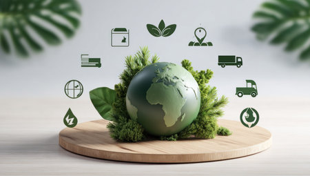 An earth globe, rendered in muted green tones, rests on a wooden base and is surrounded by lush green leaves. Various environmental icons are arranged around it. The image is brightly lit, showcasing a clean, modern style that could be suitable for illustrations about sustainability, conservation, or ecological themes.の素材