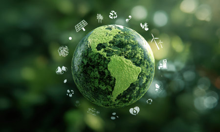 A close-up shot presents an Earth globe texture, representing a green and sustainable world. Various environmental icons surround the globe, signifying green energy and conservation. The background features blurred green foliage, implying an outdoor, natural setting. This image is suitable for various commercial purposes, including presentations or editorial content.の素材