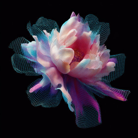 An abstract floral illustration presents a layered composition of a flower on a black backdrop. The image features soft pastel hues blending with vibrant magenta and blue. The visual style is graphic and artistic, possibly used in design or editorial projects. The interplay of colors creates a dynamic effect.の素材