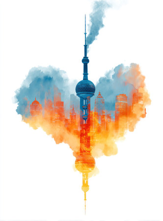 An artistic illustration presents a tower structure against a backdrop of orange and blue hues, creating a layered effect. The composition uses a digital art style. Suitable for various design projects, this image can be utilized to convey concepts related to architecture and abstract designs. This artwork is ideal for multiple uses.の素材