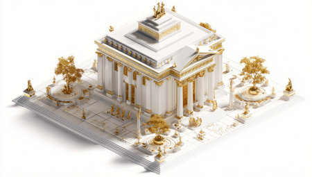 A detailed illustration showcases a classical building, meticulously rendered. It features a predominantly white structure accented with gold detailing, including columns and decorative elements. The composition utilizes a clean, overhead perspective. Suitable for architectural visualizations, historical contexts, and creative design projects.の素材