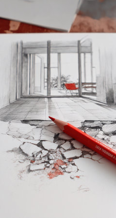 An artistic rendering features a building interior and a red pencil. The image displays a monochrome drawing accented with red. The style resembles architectural sketching. This visual may be suitable for illustrations related to design, architecture, or creative projects. The composition emphasizes line and form.の素材