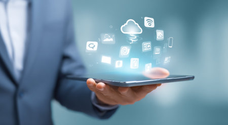 A person in a business suit holds a tablet displaying glowing digital icons representing cloud computing, applications, and networking. The composition uses soft lighting and a shallow depth of field, emphasizing the futuristic theme. It could be used for illustrating technology, business, or communication concepts.の素材