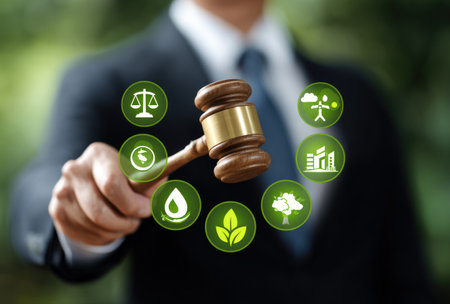 A man in a suit holds a wooden gavel surrounded by circular green icons. The image showcases environmental concepts with focus on nature. The visual style features bright lighting, a shallow depth of field, and a neutral background. Suitable for legal, environmental, and business-related content, the image could illustrate various themes.の素材
