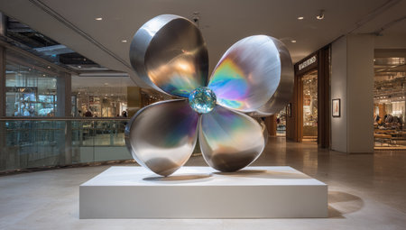 A large, abstract metal sculpture, resembling a stylized four-petal flower, is displayed on a white pedestal within a contemporary exhibition hall. The reflective surfaces exhibit a spectrum of colors. The artwork stands out against the neutral backdrop. Suitable for artistic publications and commercial design projects.の素材