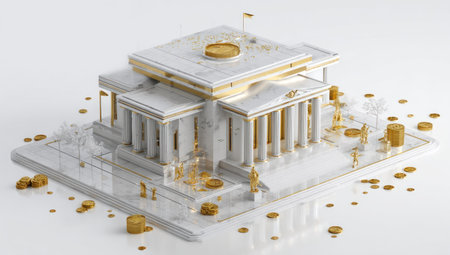This image showcases an architectural model of a building, rendered with a combination of white and gold elements. The composition features columns, steps, and rooftop details, along with tiny figures, possibly representing people or staff. The style suggests a modern approach. Suitable for use in design, architecture, or conceptual illustrations.の素材